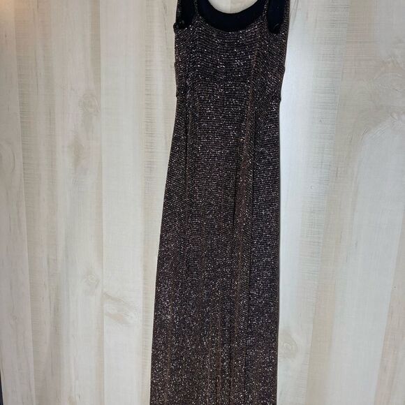 Windsor‎ gold black spaghetti strap long dress front slit, size small - Picture 13 of 16